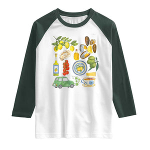 Italian Summer Scrapbook Raglan Shirt Limoncello Seafood Coastal Italy La Dolce Vita TS02 White Dark Forest Green Print Your Wear