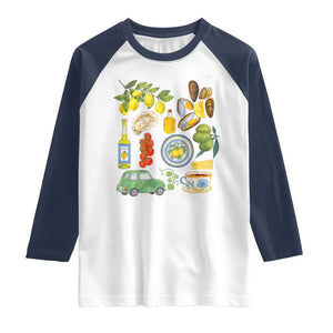 Italian Summer Scrapbook Raglan Shirt Limoncello Seafood Coastal Italy La Dolce Vita TS02 White Navy Print Your Wear
