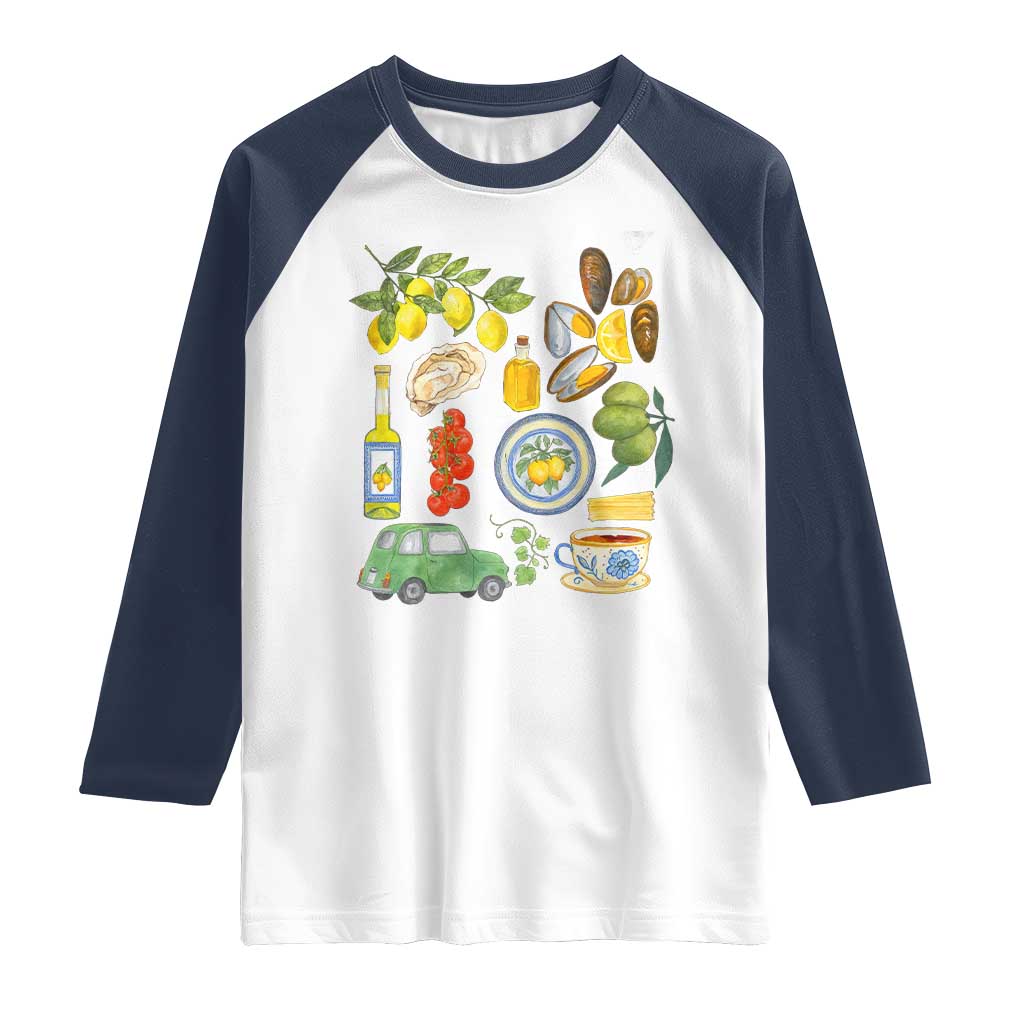 Italian Summer Scrapbook Raglan Shirt Limoncello Seafood Coastal Italy La Dolce Vita TS02 White Navy Print Your Wear