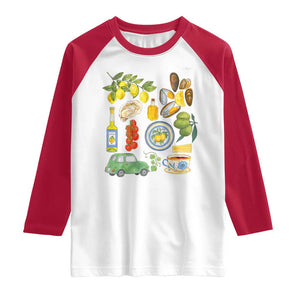 Italian Summer Scrapbook Raglan Shirt Limoncello Seafood Coastal Italy La Dolce Vita TS02 White Red Print Your Wear