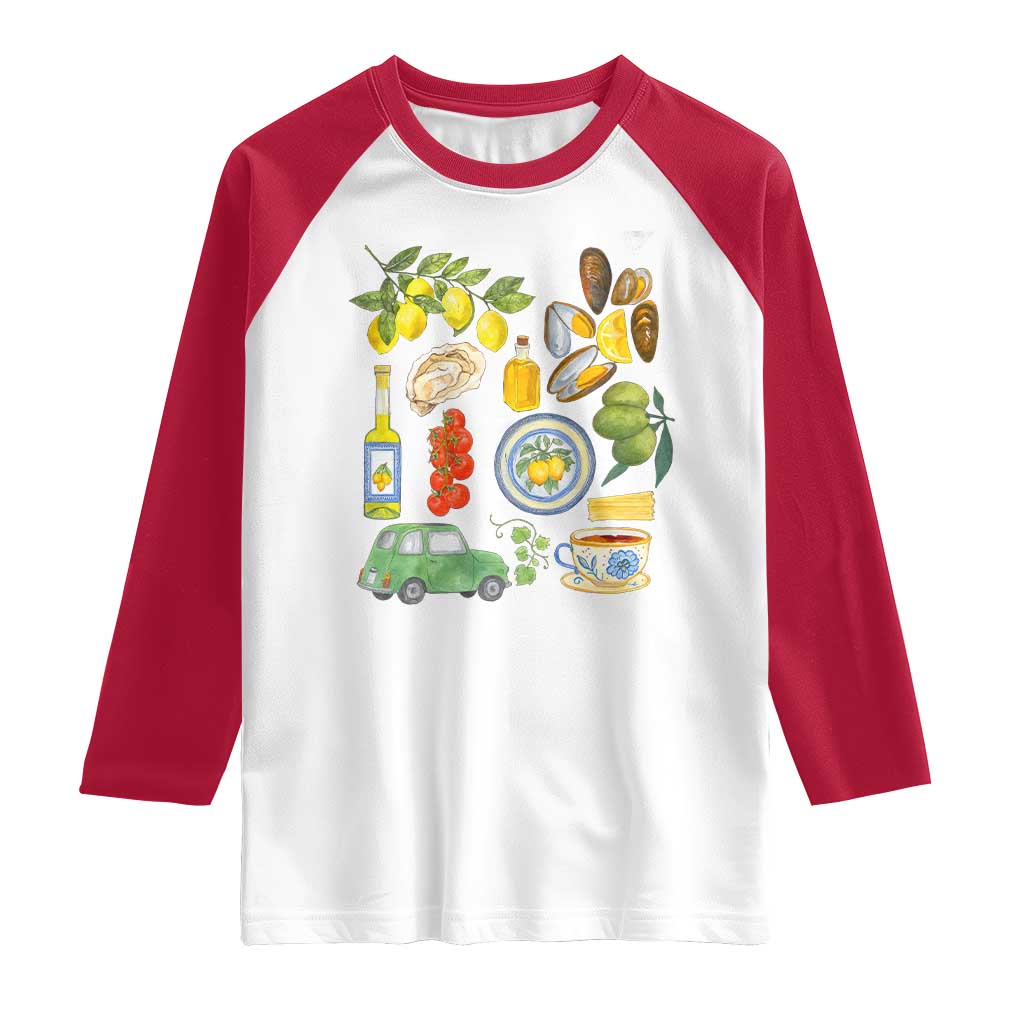 Italian Summer Scrapbook Raglan Shirt Limoncello Seafood Coastal Italy La Dolce Vita TS02 White Red Print Your Wear