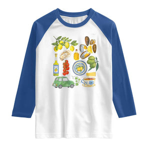 Italian Summer Scrapbook Raglan Shirt Limoncello Seafood Coastal Italy La Dolce Vita TS02 White Royal Print Your Wear