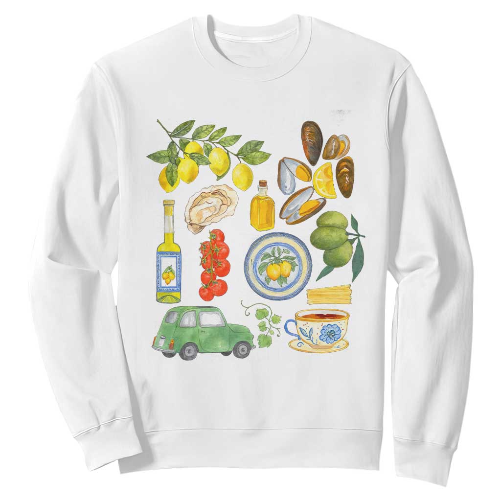Italian Summer Scrapbook Sweatshirt Limoncello Seafood Coastal Italy La Dolce Vita TS02 White Print Your Wear