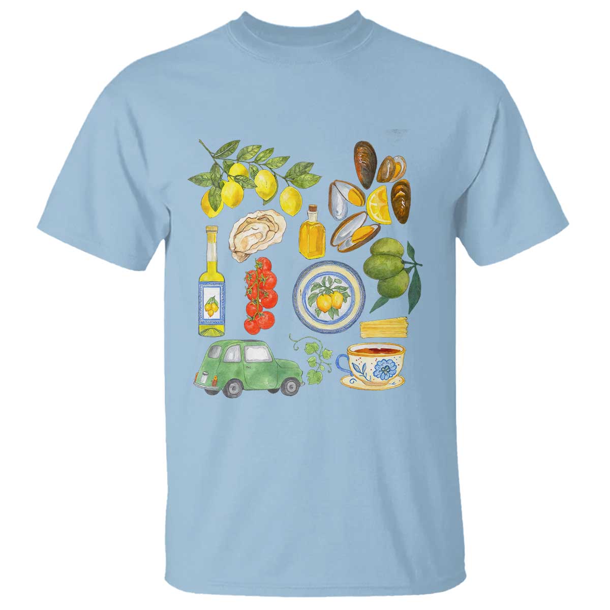 Italian Summer Scrapbook T Shirt Limoncello Seafood Coastal Italy La Dolce Vita TS02 Light Blue Print Your Wear