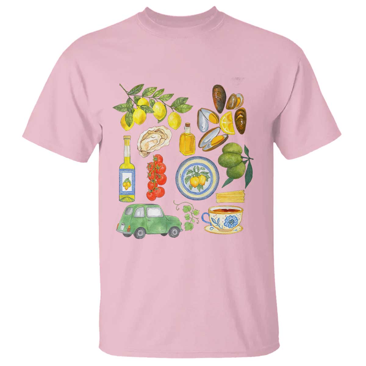 Italian Summer Scrapbook T Shirt Limoncello Seafood Coastal Italy La Dolce Vita TS02 Light Pink Print Your Wear