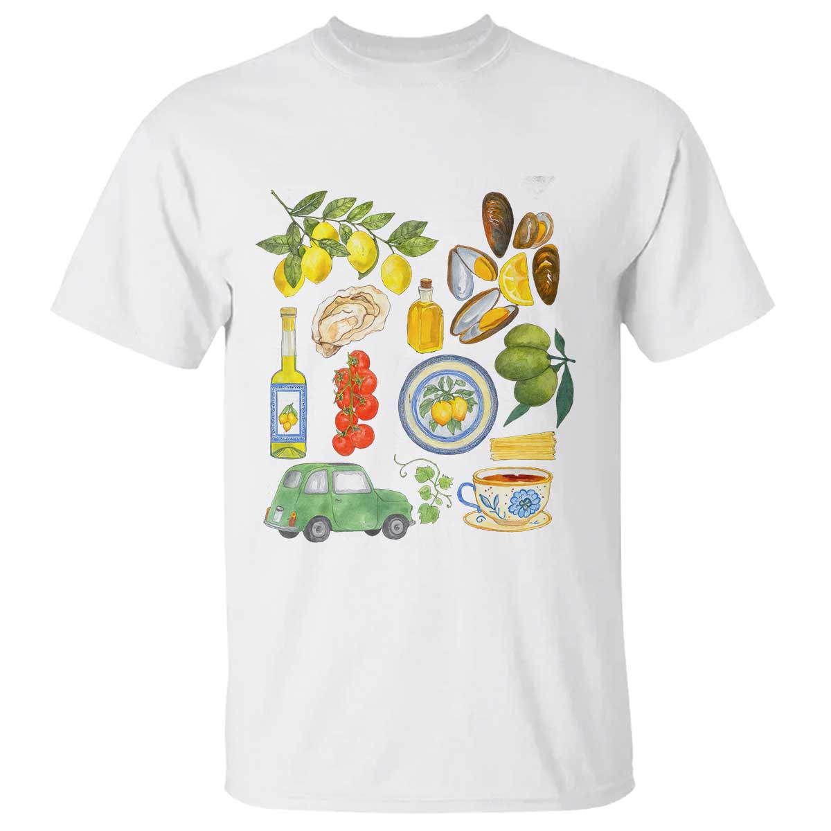 Italian Summer Scrapbook T Shirt Limoncello Seafood Coastal Italy La Dolce Vita TS02 White Print Your Wear