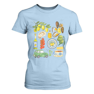 Italian Summer Scrapbook T Shirt For Women Limoncello Seafood Coastal Italy La Dolce Vita TS02 Light Blue Print Your Wear