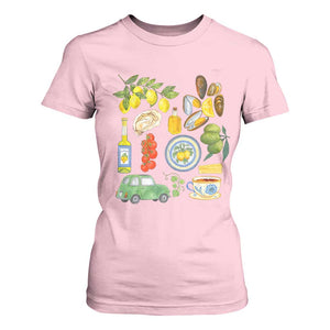Italian Summer Scrapbook T Shirt For Women Limoncello Seafood Coastal Italy La Dolce Vita TS02 Light Pink Print Your Wear