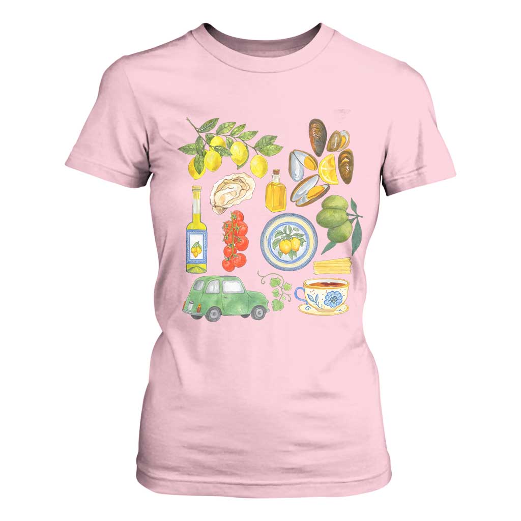 Italian Summer Scrapbook T Shirt For Women Limoncello Seafood Coastal Italy La Dolce Vita TS02 Light Pink Print Your Wear