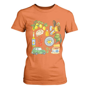 Italian Summer Scrapbook T Shirt For Women Limoncello Seafood Coastal Italy La Dolce Vita TS02 Orange Print Your Wear