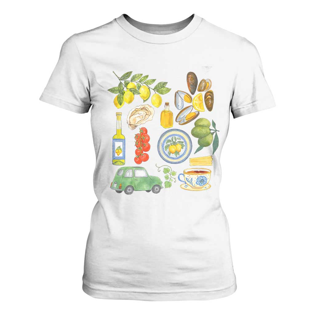 Italian Summer Scrapbook T Shirt For Women Limoncello Seafood Coastal Italy La Dolce Vita TS02 White Print Your Wear