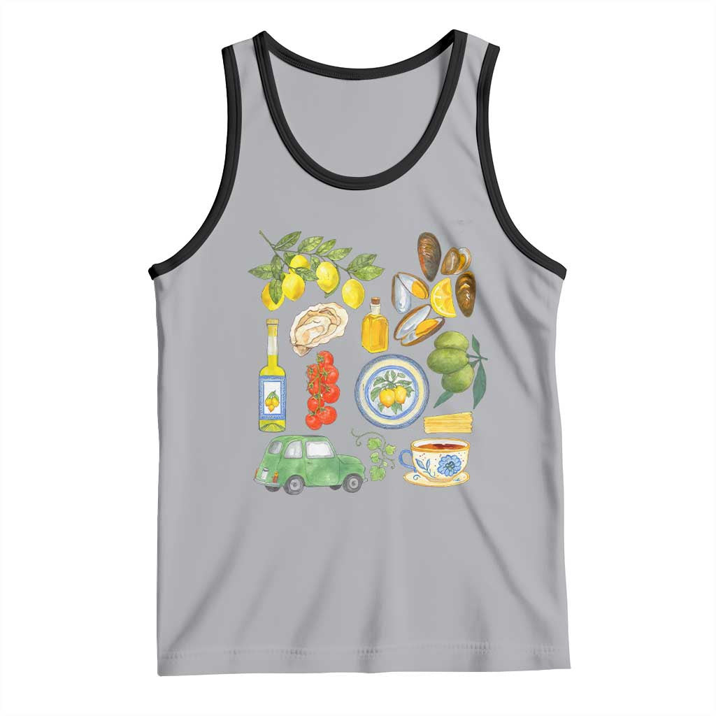 Italian Summer Scrapbook Tank Top Limoncello Seafood Coastal Italy La Dolce Vita TS02 Athletic Heather Black Print Your Wear