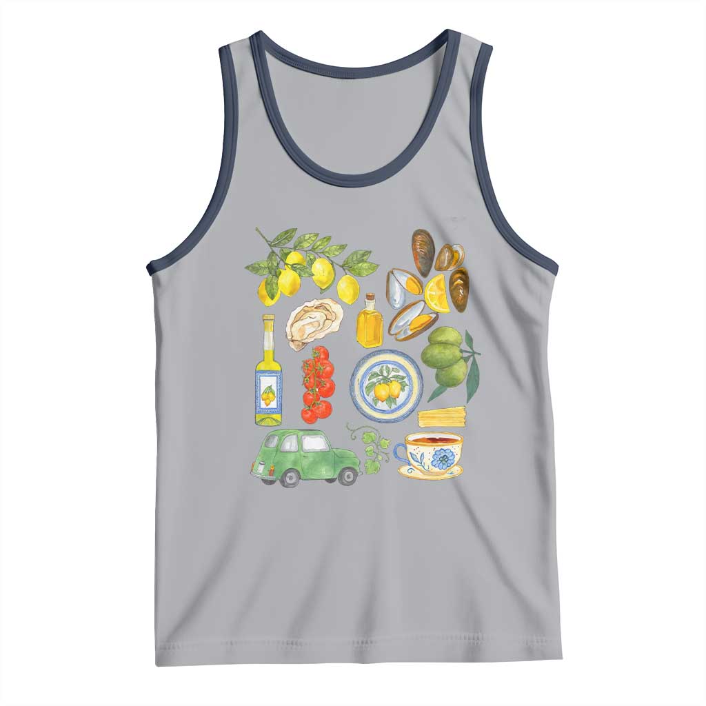 Italian Summer Scrapbook Tank Top Limoncello Seafood Coastal Italy La Dolce Vita TS02 Athletic Heather Navy Print Your Wear