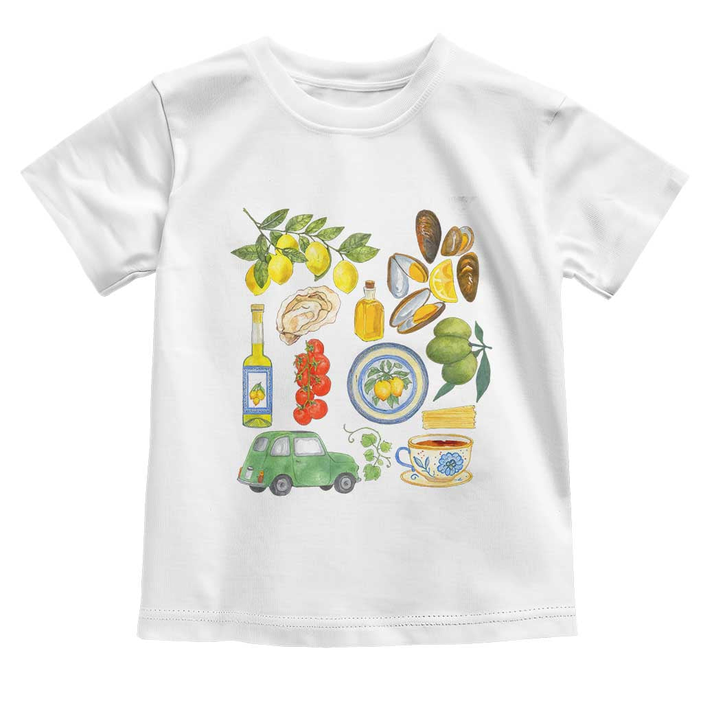 Italian Summer Scrapbook Toddler T Shirt Limoncello Seafood Coastal Italy La Dolce Vita TS02 White Print Your Wear