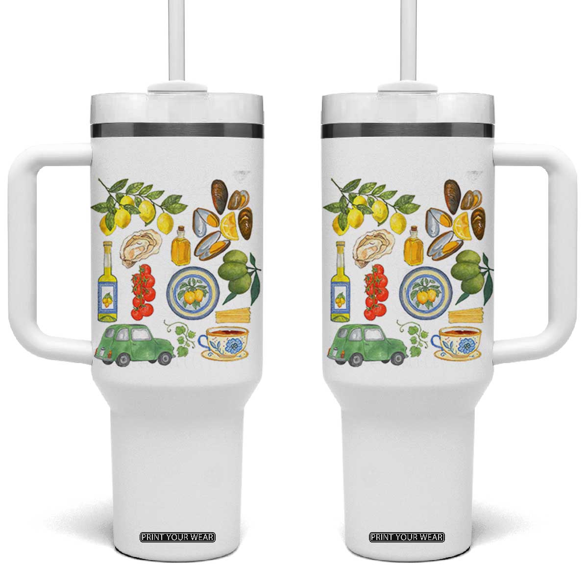 Italian Summer Scrapbook Tumbler With Handle Limoncello Seafood Coastal Italy La Dolce Vita TS02 One Size: 40 oz White Print Your Wear
