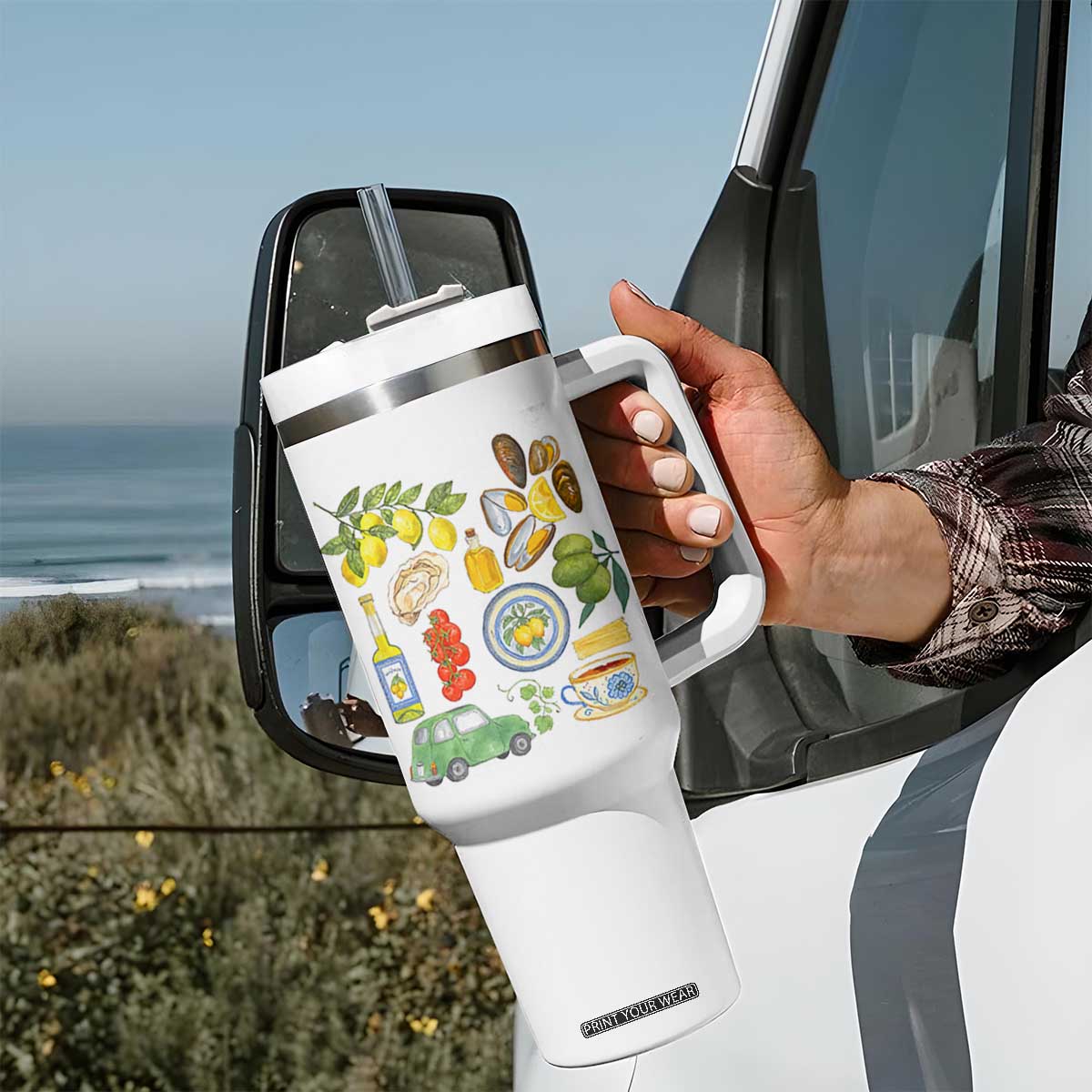 Italian Summer Scrapbook Tumbler With Handle Limoncello Seafood Coastal Italy La Dolce Vita TS02 Print Your Wear