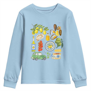 Italian Summer Scrapbook Youth Sweatshirt Limoncello Seafood Coastal Italy La Dolce Vita TS02 Light Blue Print Your Wear