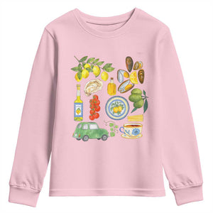 Italian Summer Scrapbook Youth Sweatshirt Limoncello Seafood Coastal Italy La Dolce Vita TS02 Light Pink Print Your Wear