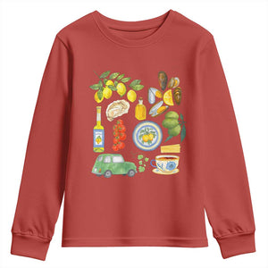 Italian Summer Scrapbook Youth Sweatshirt Limoncello Seafood Coastal Italy La Dolce Vita TS02 Red Print Your Wear