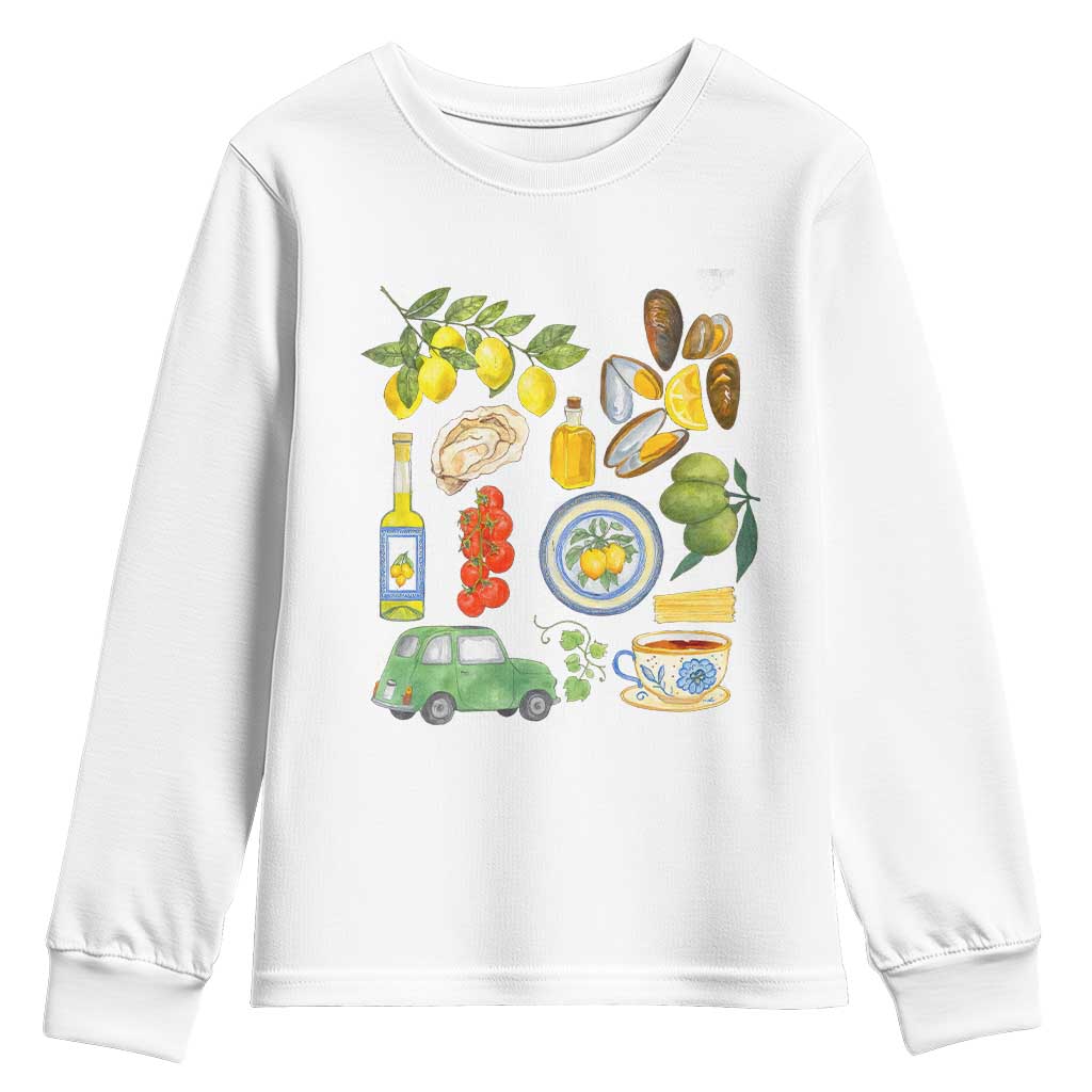 Italian Summer Scrapbook Youth Sweatshirt Limoncello Seafood Coastal Italy La Dolce Vita TS02 White Print Your Wear
