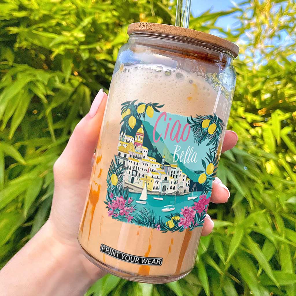 Ciao Bella Italy Amalfi Coast Glass Can Lemons and Florals Nostalgic Village TS02 White Print Your Wear