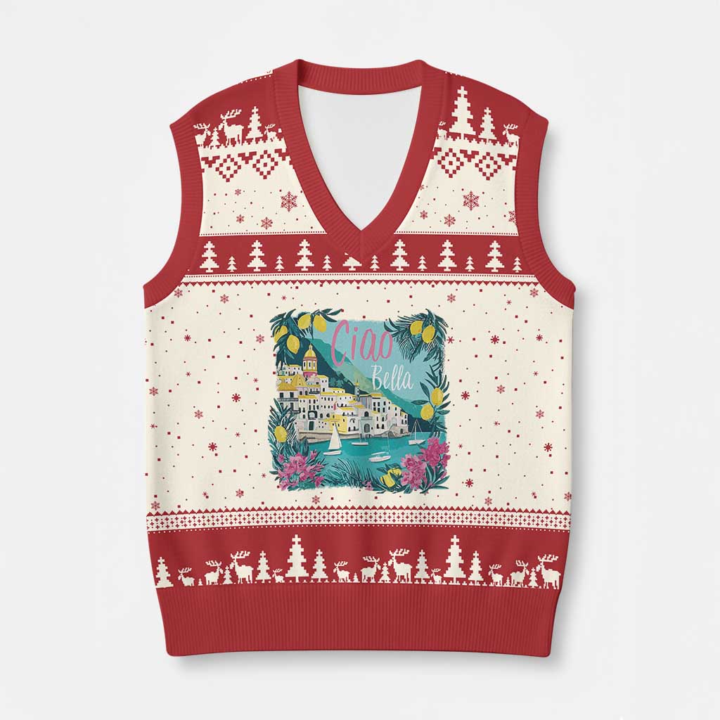 Ciao Bella Italy Amalfi Coast V-Neck Knit Sweater Vest Lemons and Florals Nostalgic Village TS02 Beige Red Print Your Wear