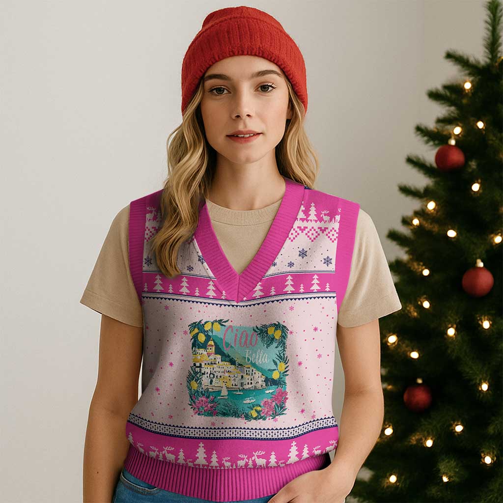 Ciao Bella Italy Amalfi Coast V-Neck Knit Sweater Vest Lemons and Florals Nostalgic Village TS02 Hot Pink Print Your Wear