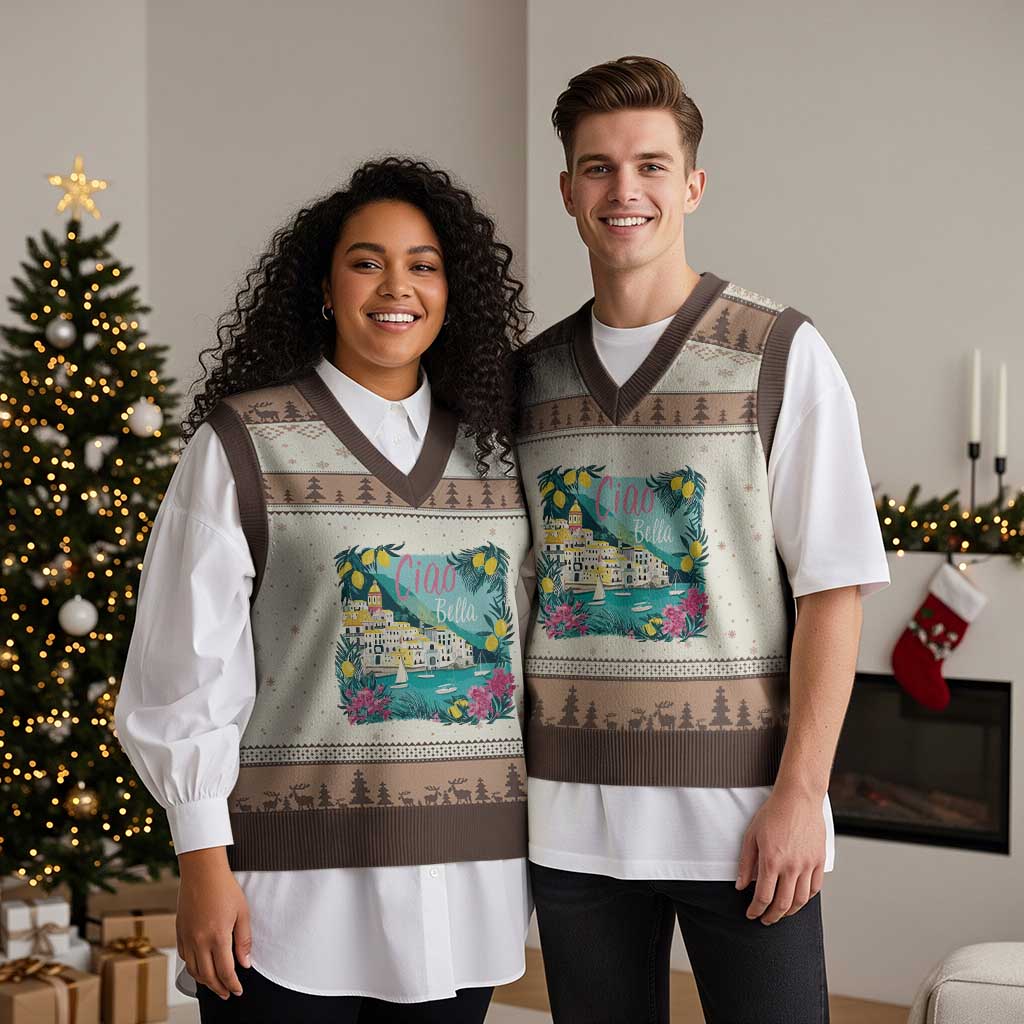 Ciao Bella Italy Amalfi Coast V-Neck Knit Sweater Vest Lemons and Florals Nostalgic Village TS02 Mocha Mousse Print Your Wear
