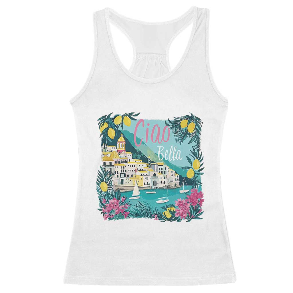 Ciao Bella Italy Amalfi Coast Racerback Tank Top Lemons and Florals Nostalgic Village TS02 White Print Your Wear
