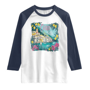 Ciao Bella Italy Amalfi Coast Raglan Shirt Lemons and Florals Nostalgic Village TS02 White Navy Print Your Wear