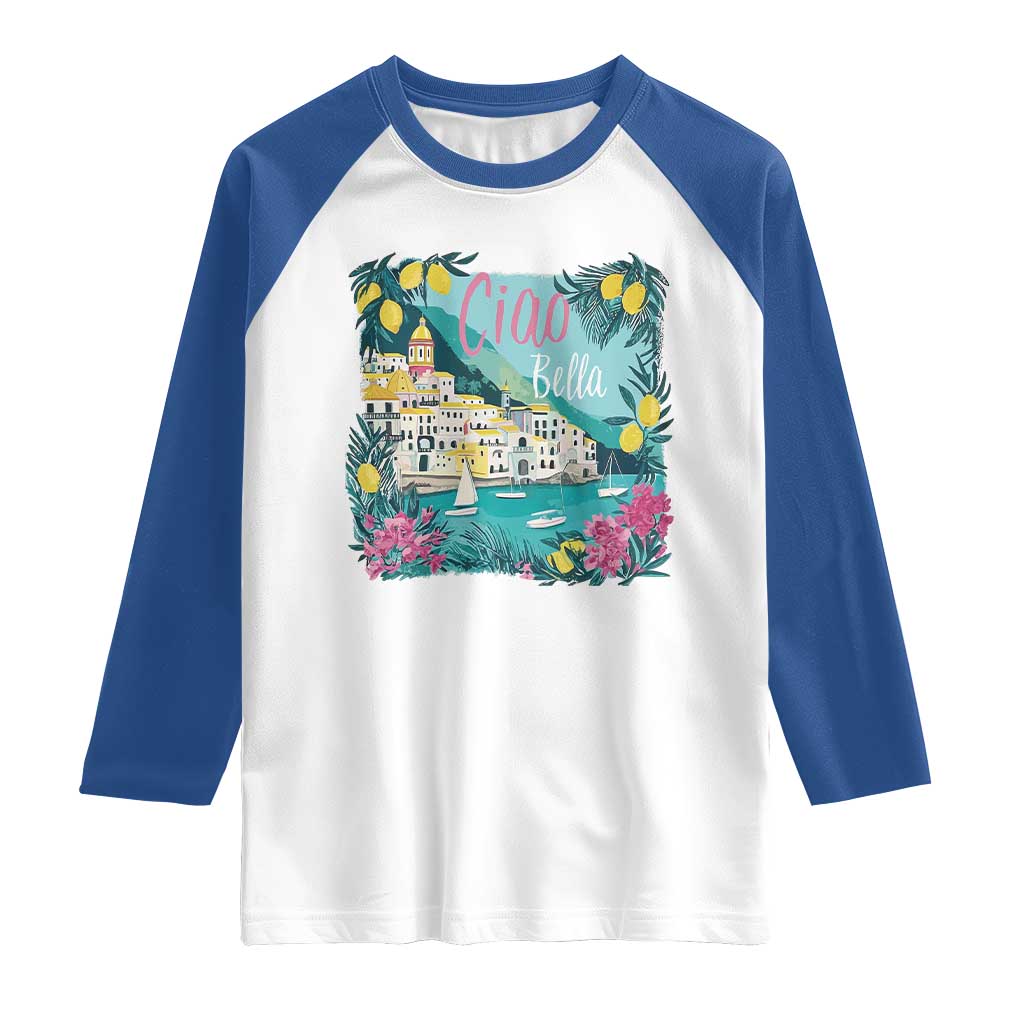 Ciao Bella Italy Amalfi Coast Raglan Shirt Lemons and Florals Nostalgic Village TS02 White Royal Print Your Wear