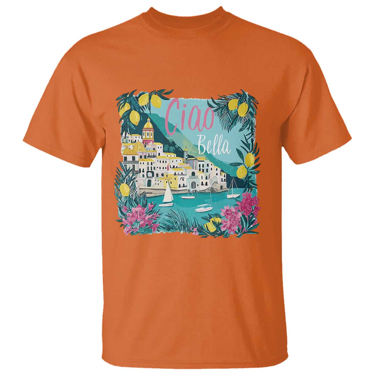 Ciao Bella Italy Amalfi Coast T Shirt Lemons and Florals Nostalgic Village TS02 Orange Print Your Wear