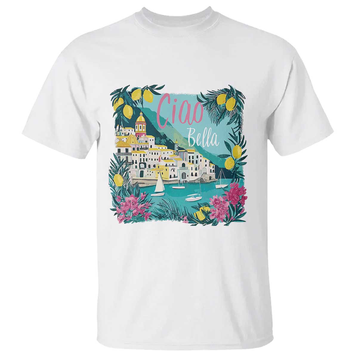 Ciao Bella Italy Amalfi Coast T Shirt Lemons and Florals Nostalgic Village TS02 White Print Your Wear