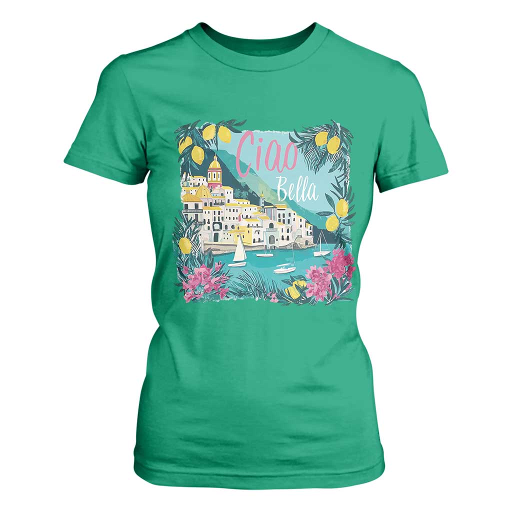Ciao Bella Italy Amalfi Coast T Shirt For Women Lemons and Florals Nostalgic Village TS02 Irish Green Print Your Wear