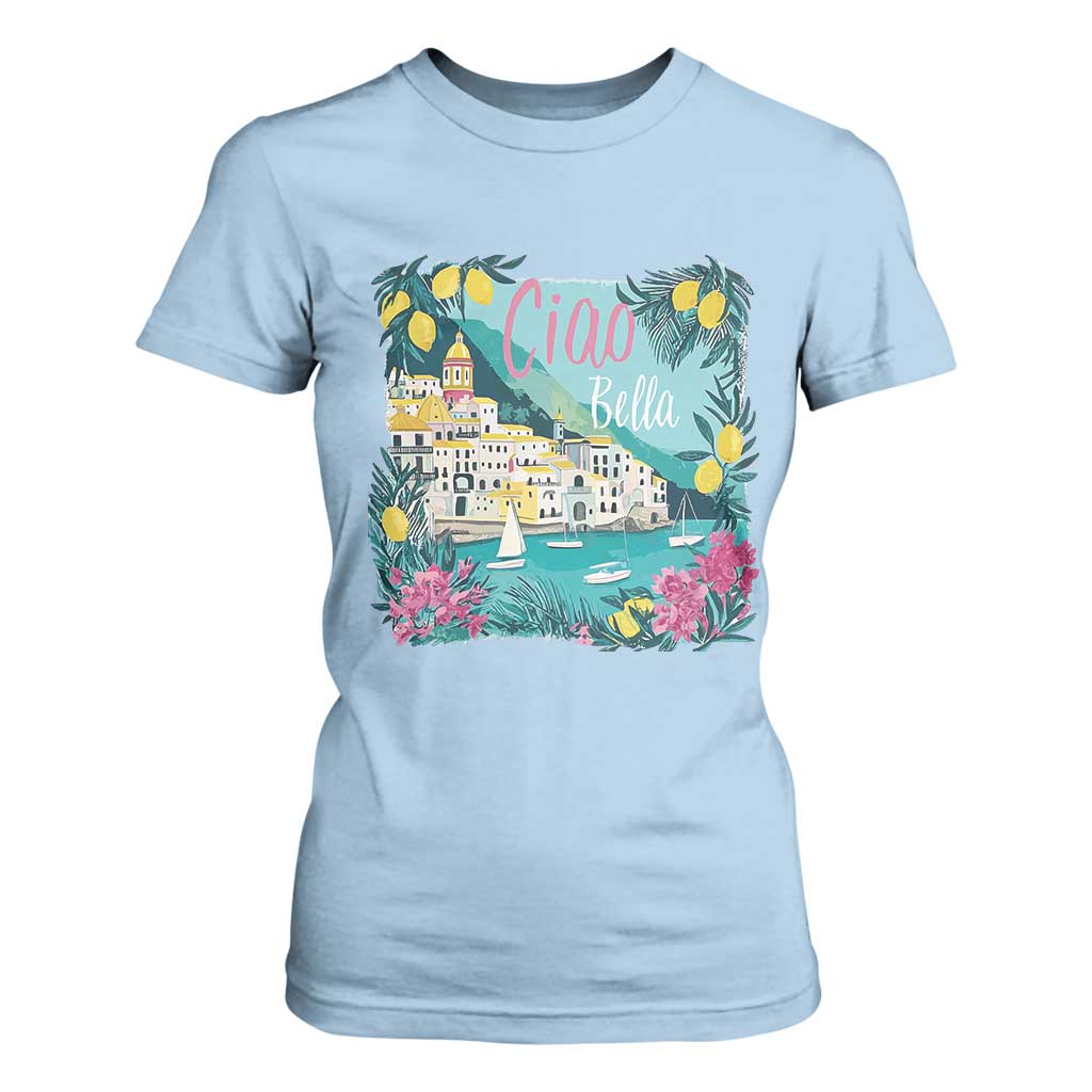 Ciao Bella Italy Amalfi Coast T Shirt For Women Lemons and Florals Nostalgic Village TS02 Light Blue Print Your Wear