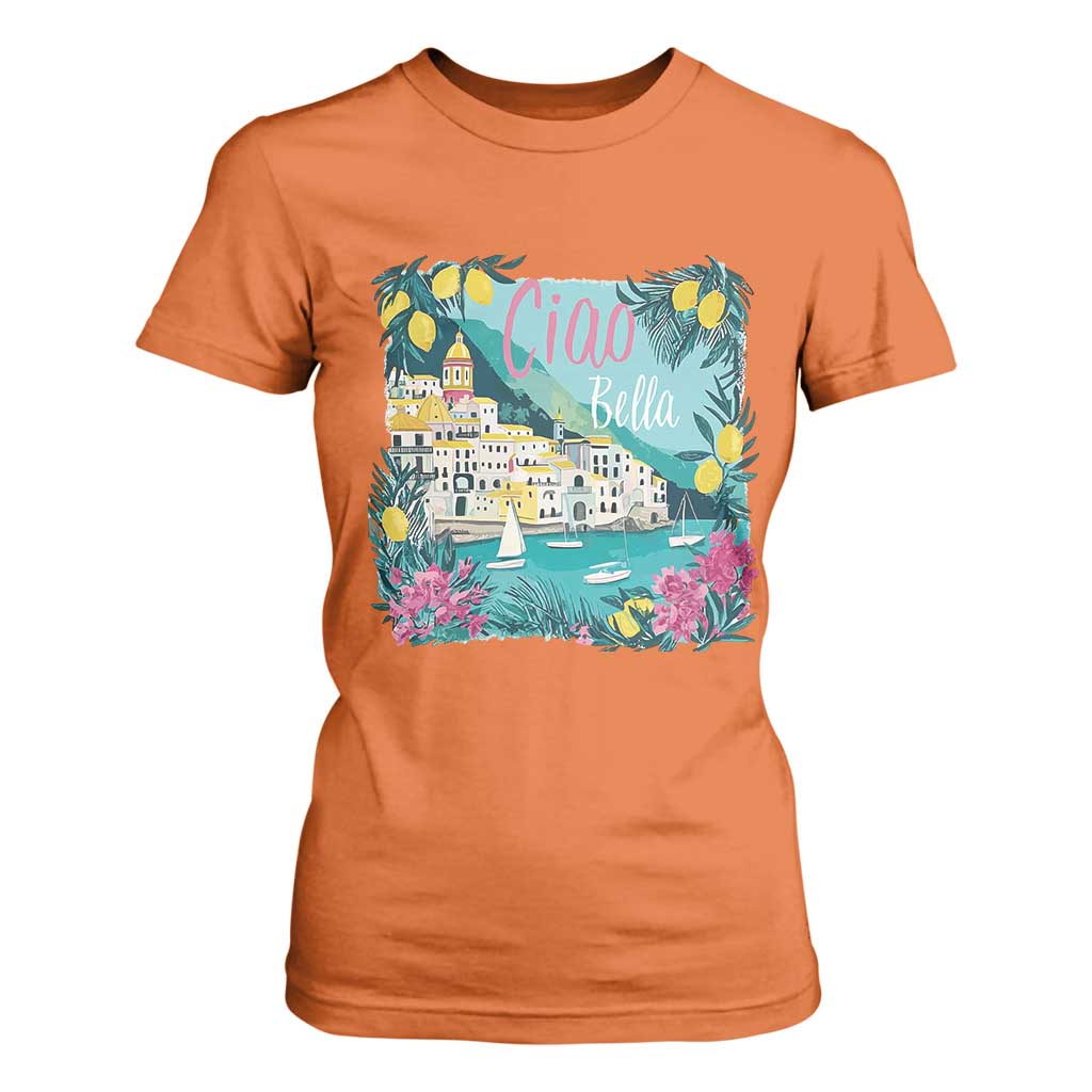 Ciao Bella Italy Amalfi Coast T Shirt For Women Lemons and Florals Nostalgic Village TS02 Orange Print Your Wear