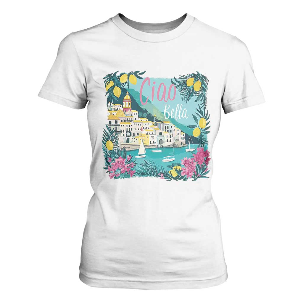 Ciao Bella Italy Amalfi Coast T Shirt For Women Lemons and Florals Nostalgic Village TS02 White Print Your Wear