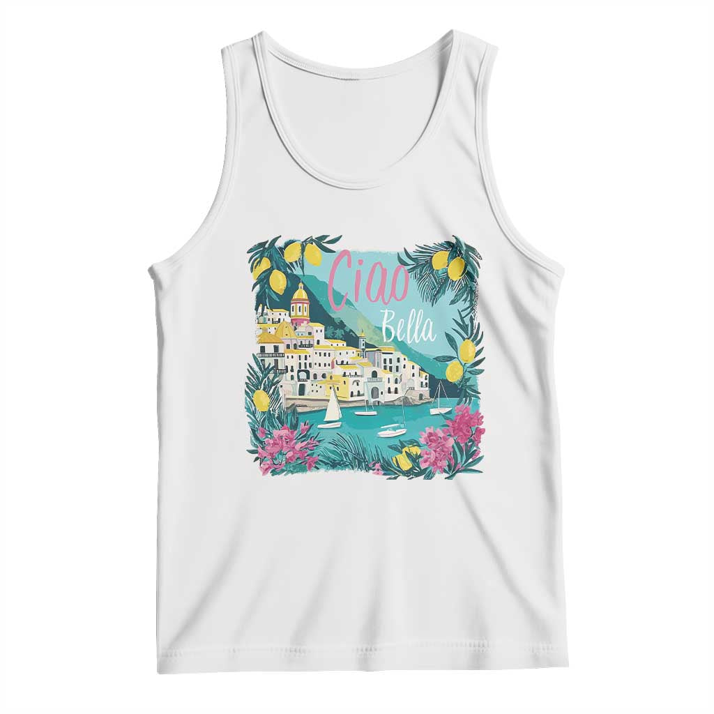 Ciao Bella Italy Amalfi Coast Tank Top Lemons and Florals Nostalgic Village TS02 White Print Your Wear