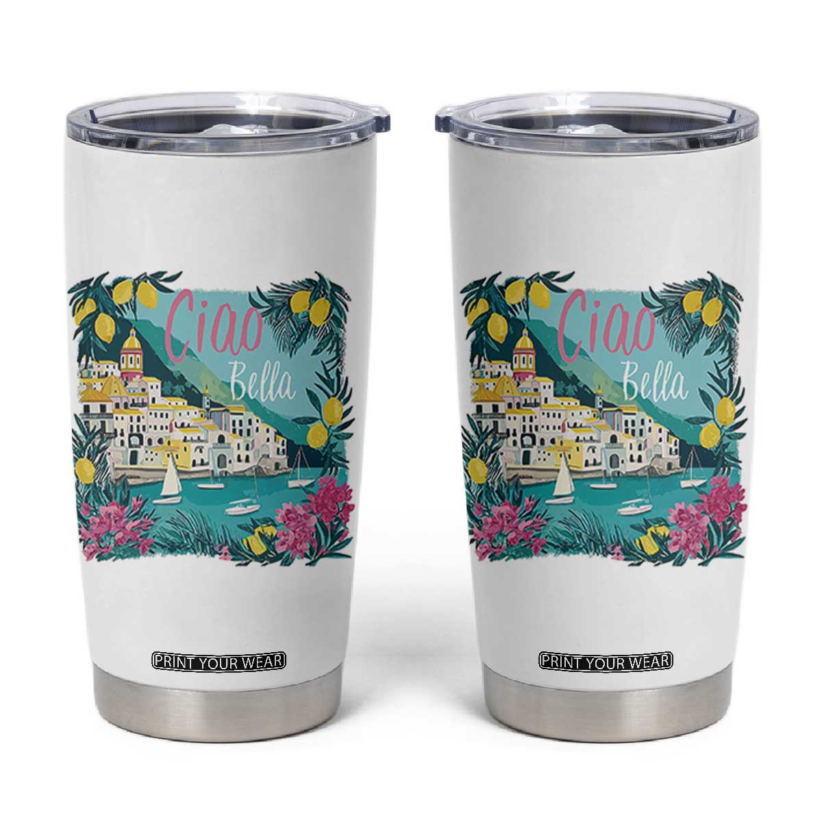 Ciao Bella Italy Amalfi Coast Tumbler Cup Lemons and Florals Nostalgic Village TS02 White Print Your Wear
