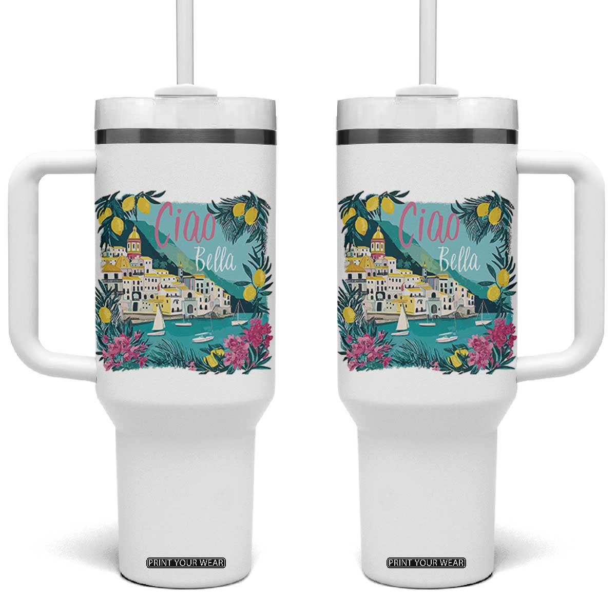 Ciao Bella Italy Amalfi Coast Tumbler With Handle Lemons and Florals Nostalgic Village TS02 One Size: 40 oz White Print Your Wear