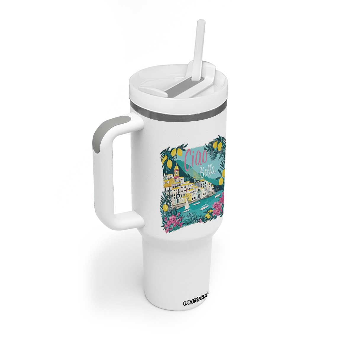 Ciao Bella Italy Amalfi Coast Tumbler With Handle Lemons and Florals Nostalgic Village TS02 Print Your Wear