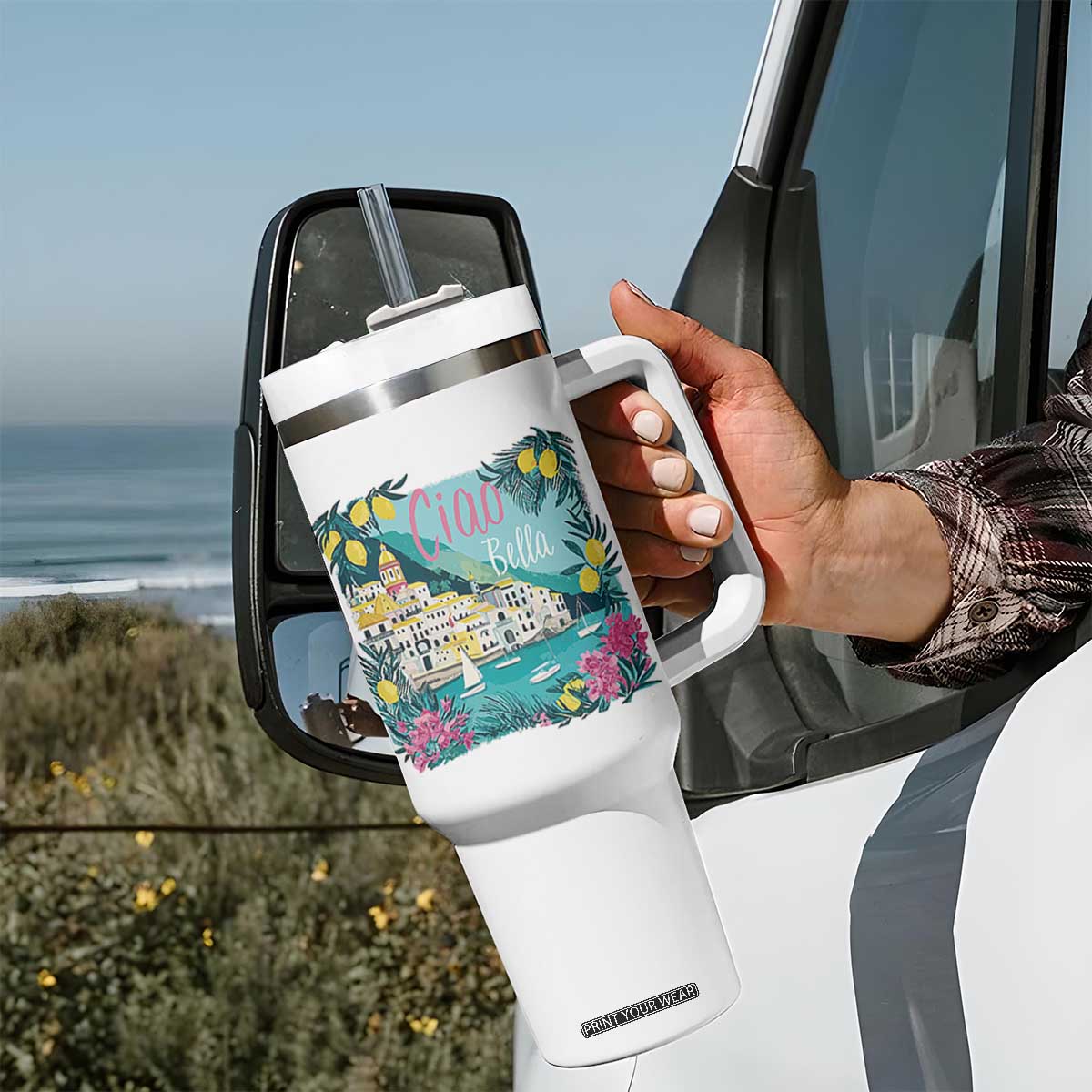 Ciao Bella Italy Amalfi Coast Tumbler With Handle Lemons and Florals Nostalgic Village TS02 Print Your Wear