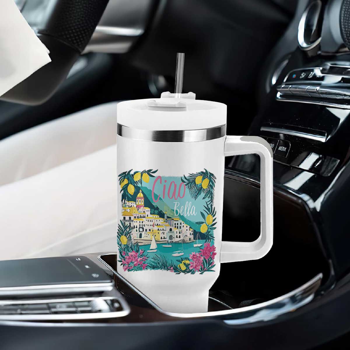 Ciao Bella Italy Amalfi Coast Tumbler With Handle Lemons and Florals Nostalgic Village TS02 Print Your Wear
