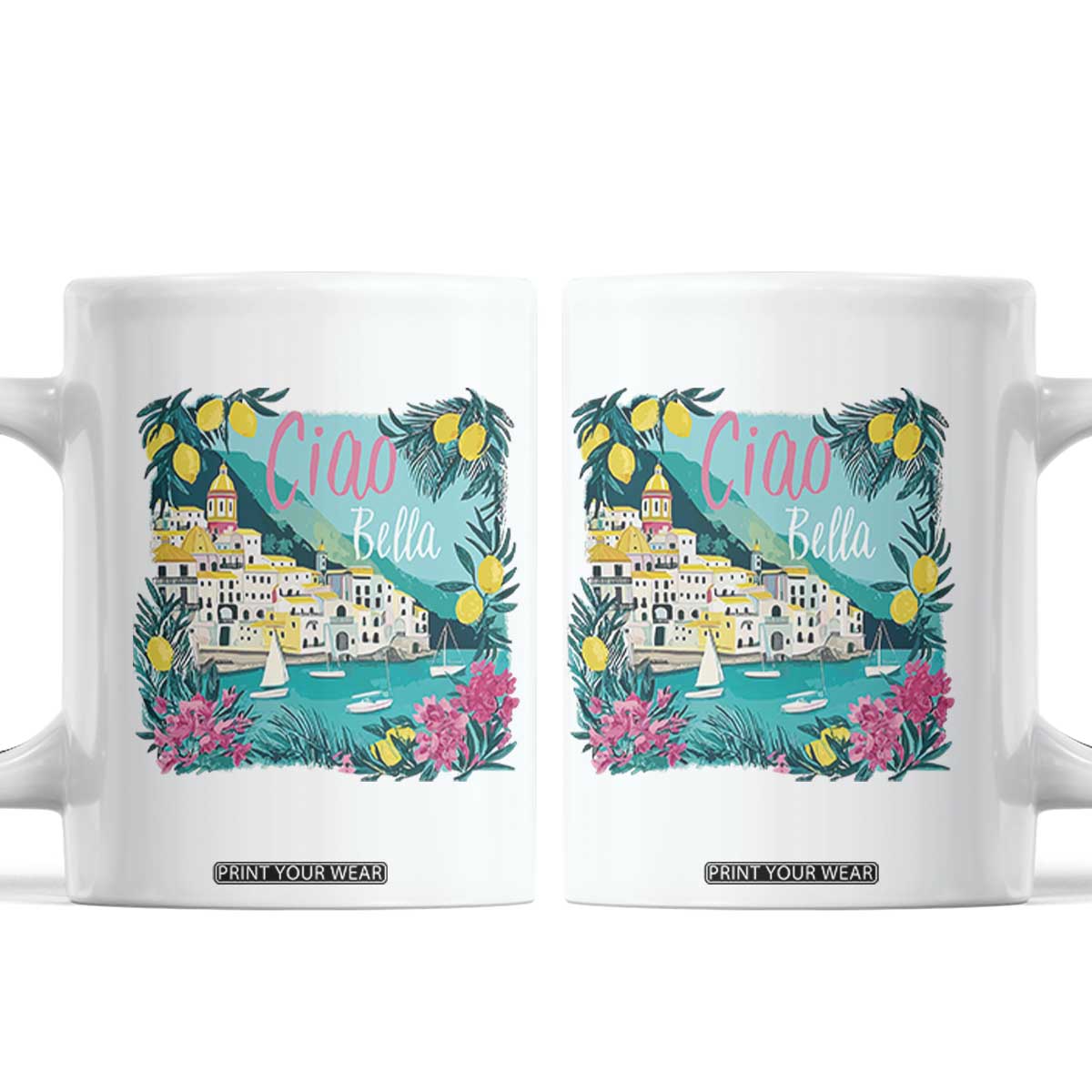 Ciao Bella Italy Amalfi Coast Coffee Mug Lemons and Florals Nostalgic Village TS02 White Print Your Wear