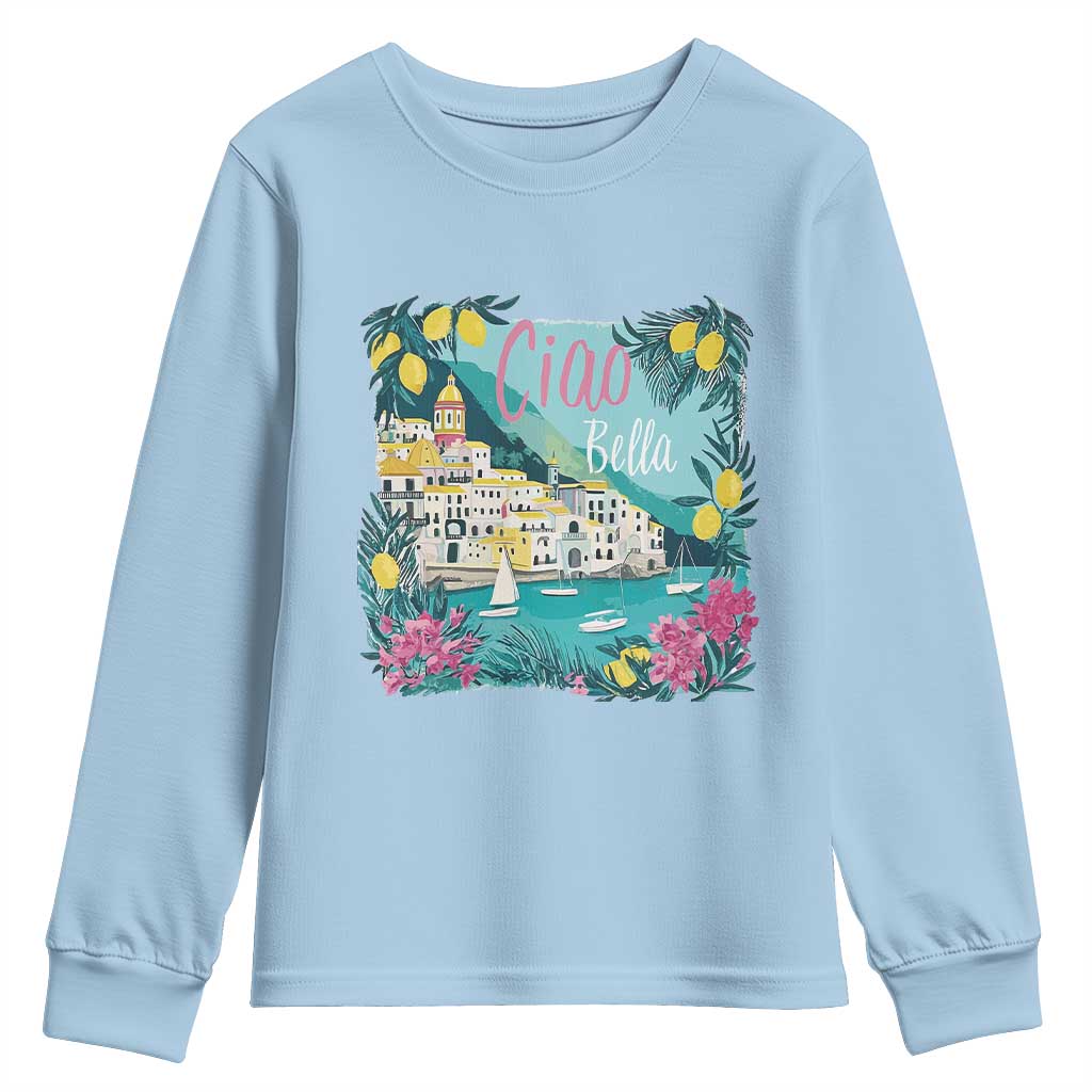 Ciao Bella Italy Amalfi Coast Youth Sweatshirt Lemons and Florals Nostalgic Village TS02 Light Blue Print Your Wear