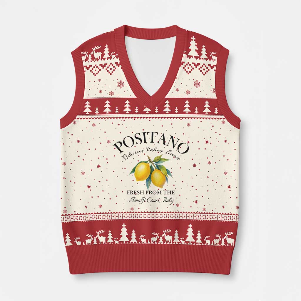 Positano Lemons V-Neck Knit Sweater Vest Fresh from the Amalfi Coast Italian Fruit TS02 Beige Red Print Your Wear
