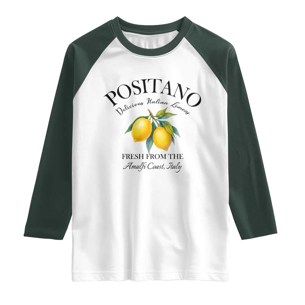 Positano Lemons Raglan Shirt Fresh from the Amalfi Coast Italian Fruit TS02 White Dark Forest Green Print Your Wear