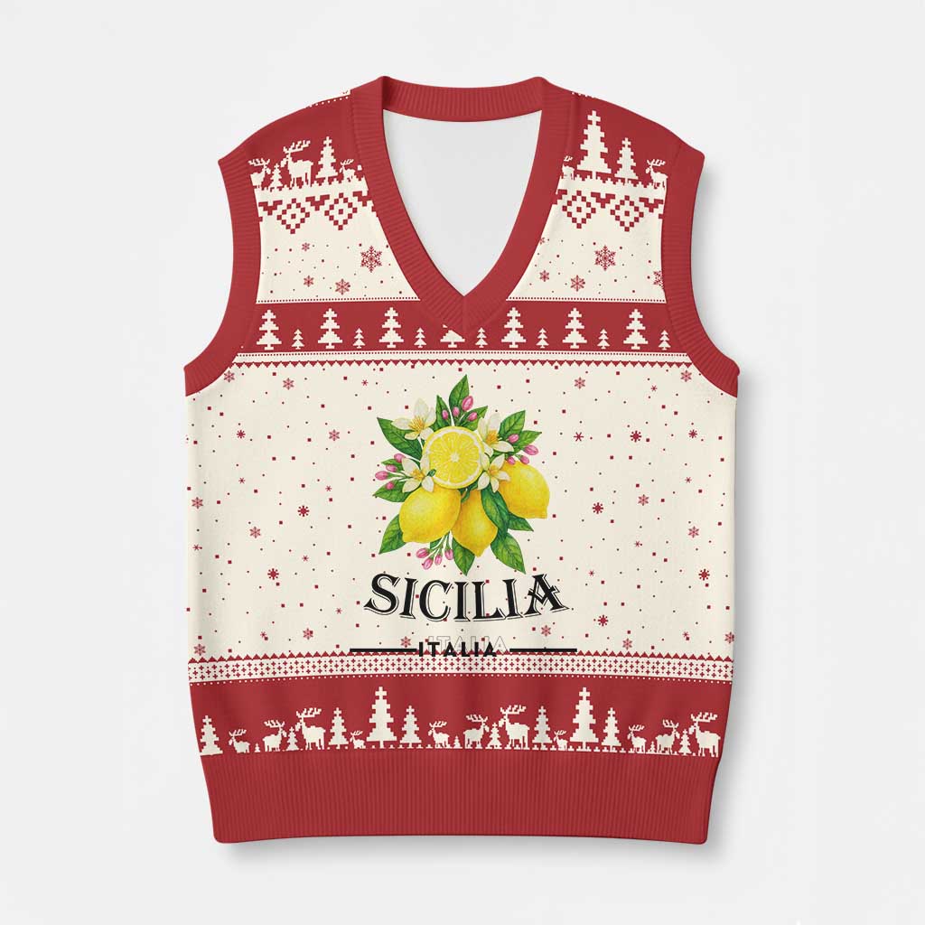 Sicilia Italia Fresh Lemon V-Neck Knit Sweater Vest Italian Sicilians Floral Citrus from Southern Italy TS02 Beige Red Print Your Wear