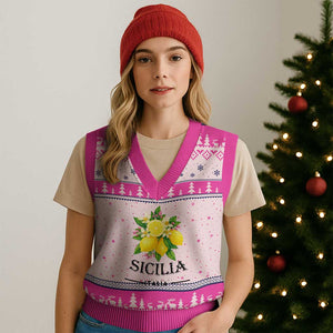 Sicilia Italia Fresh Lemon V-Neck Knit Sweater Vest Italian Sicilians Floral Citrus from Southern Italy TS02 Hot Pink Print Your Wear