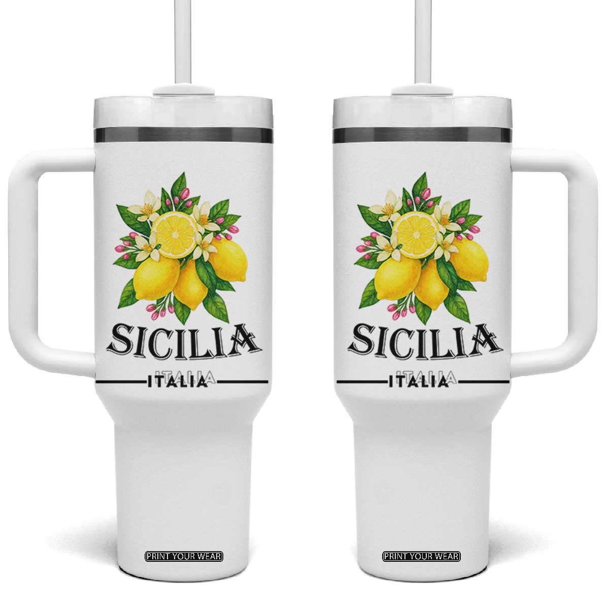 Sicilia Italia Fresh Lemon Tumbler With Handle Italian Sicilians Floral Citrus from Southern Italy TS02 One Size: 40 oz White Print Your Wear